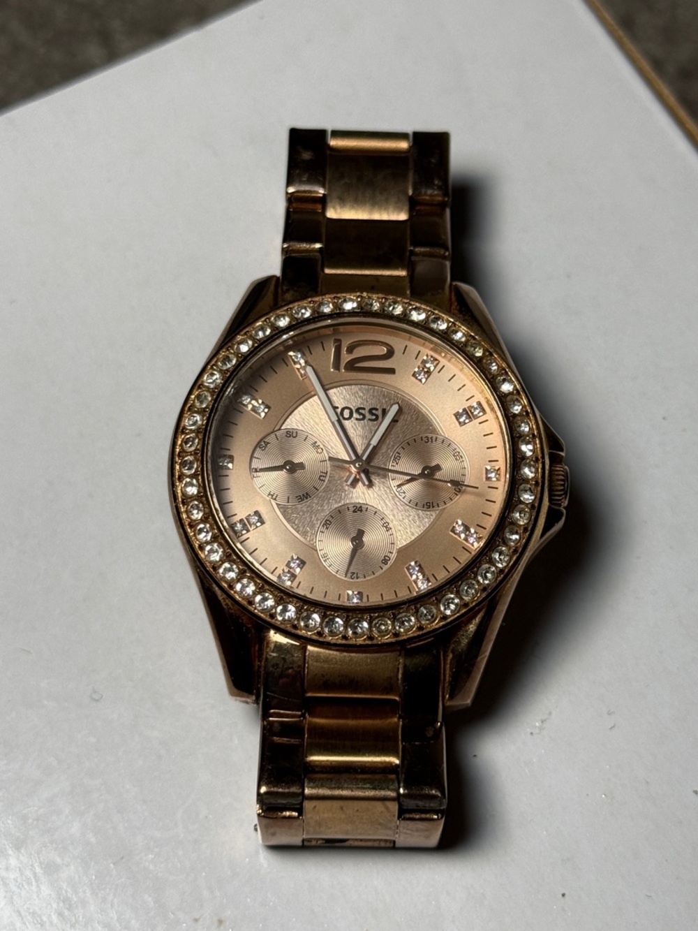 Fossil Rose Gold Tone Crystal Bezel Women's Bracelet Watch
